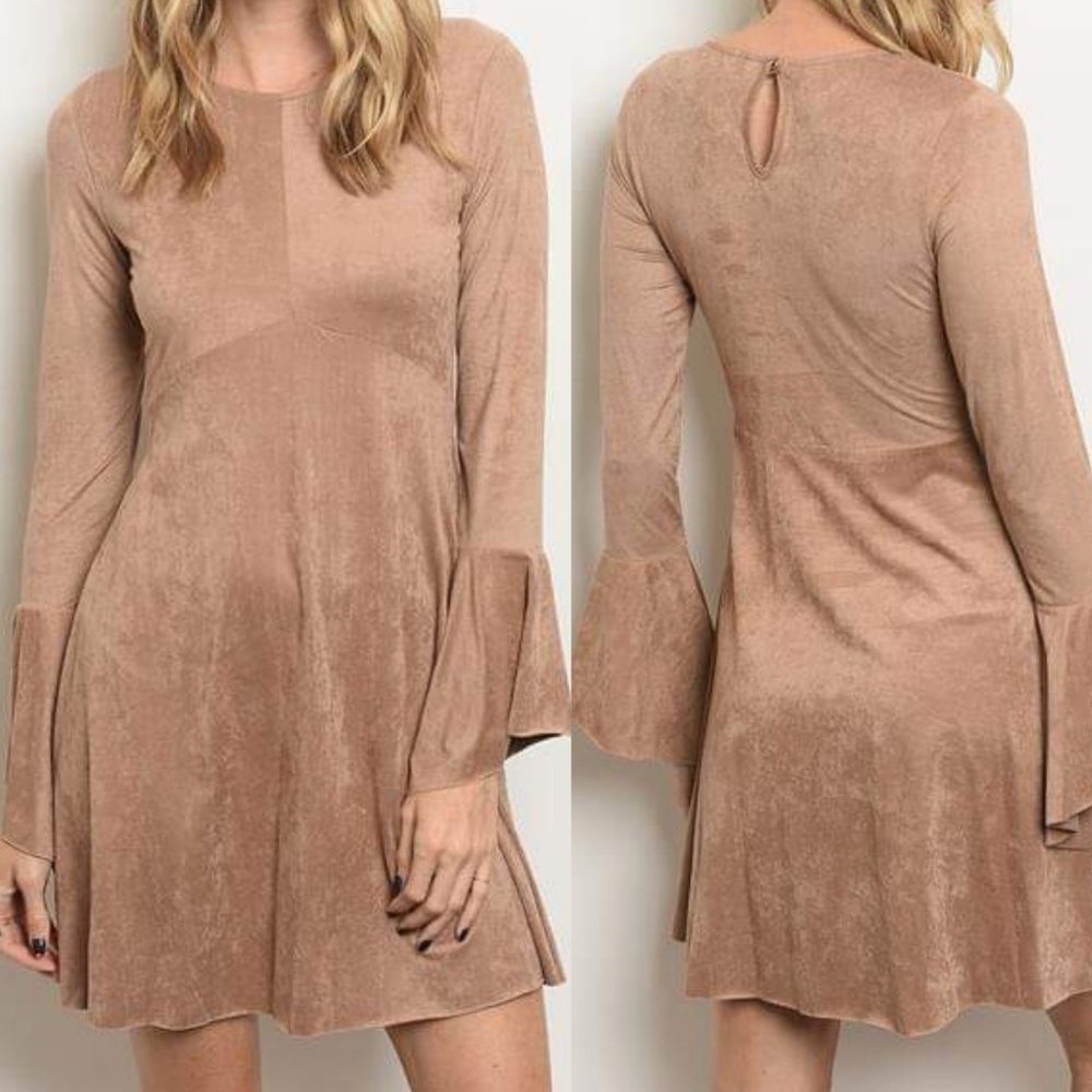 DELANEY FAUX SUEDE FLARE SLEEVE DRESS (TAN)